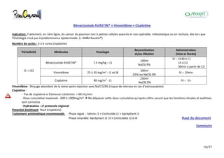 10/37
Bévacizumab AVASTIN® + Vinorelbine + Cisplatine
Indication: Traitement, en 1ère ligne, du cancer du poumon non à petites cellules avancés et non opérable, métastatique ou en rechute, dès lors que
l'histologie n'est pas à prédominance épidermoïde. (= AMM Avastin®)
Nombre de cycles : 4 à 6 cures (cisplatine)
Périodicité Molécules Posologie
Reconstitution
et/ou Dilution
Administration
(Voie et Durée)
J1 = J22
Bévacizumab AVASTIN® 7.5 mg/kg – J1
100ml
NaCl0.9%
IV – 1h30 à C1
1h à C2
30min à partir de C3
Vinorelbine 25 à 30 mg/m² - J1 et J8
100ml
G5% ou NaCl0.9%
IV – 10min
Cisplatine 80 mg/m2
- J1
250ml
NaCl0.9%
IV – 1h
Vinorelbine : Rinçage abondant de la veine après injection avec NaCl 0,9% (risque de nécrose en cas d'extravasation)
Cisplatine :
- Pas de cisplatine si Clairance créatinine < 60 mL/min
- Dose cumulative maximale : 600 à 1000mg/m²  Ne dépasser cette dose cumulative qu'après s'être assuré que les fonctions rénales et auditives
sont correctes
- Hydratation : cf protocole régional
Potentiel émétisant: Haut (cisplatine)
Traitement antiémétique recommandé: Phase aiguë : Sétron J1 + Corticoïde J1 + Aprépitant J1
Phase retardée: Aprépitant J2 J3 + Corticoïdes J2 à J4 Haut du document
Sommaire
 