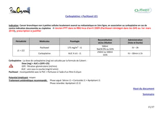 15/37
Carboplatine + Paclitaxel J21
Indication: Cancer bronchique non à petites cellules localement avancé ou métastatique en 1ère ligne, en association au carboplatine en cas de
contre-indication documentée au cisplatine  Ancien PTT dans le RBU Inca d'avril 2009 (Paclitaxel réintégré dans les GHS au 1er mars
2010), prescription à justifier
Périodicité Molécules Posologie
Reconstitution
et/ou Dilution
Administration
(Voie et Durée)
J1 = J22
Paclitaxel 175 mg/m2
- J1
500ml
NaCl0.9% ou G5%
IV – 3h
Carboplatine AUC 4 à 6 - J1
250ml ou 500ml
G5%
IV – 30min à 1h
Carboplatine : La dose de carboplatine (mg) est calculée par la formule de Calvert :
Dose (mg) = AUC x (GFR +25)
GFR : filtration glomérulaire (ml/min)
AUC : aire sous la courbe (mg/ml xmin)
Paclitaxel : Incompatibilité avec le PVC + Perfusion à l'aide d'un filtre 0.22μm
Potentiel émétisant: moyen
Traitement antiémétique recommandé: Phase aiguë: Sétron J1 + Corticoïde J1 + Aprépitant J1
Phase retardée: Aprépitant J2 J3
Haut du document
Sommaire
 