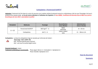 18/37
Carboplatine + Pemetrexed ALIMTA®
Indication: Traitement de 1ère ligne du cancer du poumon non à petites cellules localement avancé ou métastatique, dès lors que l'histologie n'est pas à
prédominance épidermoïde, en cas de contre-indication à l'utilisation du Cisplatine  Hors-AMM, insuffisance de données dans le RBU Inca cancers
bronchiques de mars 2012 : prescription à justifier
Périodicité Molécules Posologie
Reconstitution
et/ou Dilution
Administration
(Voie et Durée)
J1 = J22
Pemetrexed ALIMTA® 500 mg/m2
- J1
100ml
NaCl0.9%
IV – 10 min
Carboplatine AUC 5 - J1
250ml à 500ml
G5%
IV – 30min à 1h
Carboplatine : La dose de carboplatine (mg) est calculée par la formule de Calvert :
Dose (mg) = AUC x (GFR +25)
GFR : filtration glomérulaire (ml/min)
AUC : aire sous la courbe (mg/ml xmin)
Potentiel émétisant: moyen
Traitement antiémétique recommandé: Phase aiguë: Sétron J1 + Corticoïde J1 + Aprépitant J1
Phase retardée: Aprépitant J2 J3
Haut du document
Sommaire
 