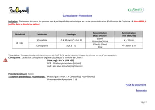20/37
Carboplatine + Vinorelbine
Indication: Traitement du cancer du poumon non à petites cellules métastatique en cas de contre-indication à l'utilisation de Cisplatine  Hors-AMM, à
justifier dans le dossier du patient
Périodicité Molécules Posologie
Reconstitution
et/ou Dilution
Administration
(Voie et Durée)
J1 = J22
Vinorelbine 25 à 30 mg/m2
- J1 et J8
100ml
G5% ou NaCl0.9%
IV – 10 min
Carboplatine AUC 5 - J1
250ml à 500ml
G5%
IV – 30min à 1h
Vinorelbine : Rinçage abondant de la veine avec du NaCl 0,9% après injection (risque de nécrose en cas d'extravasation)
Carboplatine : La dose de carboplatine (mg) est calculée par la formule de Calvert :
Dose (mg) = AUC x (GFR +25)
GFR : filtration glomérulaire (ml/min)
AUC : aire sous la courbe (mg/ml xmin)
Potentiel émétisant: moyen
Traitement antiémétique recommandé: Phase aiguë: Sétron J1 + Corticoïde J1 + Aprépitant J1
Phase retardée: Aprépitant J2 J3
Haut du document
Sommaire
 