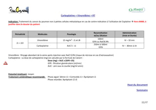22/37
Carboplatine + Vinorelbine + RT
Indication: Traitement du cancer du poumon non à petites cellules métastatique en cas de contre-indication à l'utilisation de Cisplatine  Hors-AMM, à
justifier dans le dossier du patient
Périodicité Molécules Posologie
Reconstitution
et/ou Dilution
Administration
(Voie et Durée)
J1 = J22
Vinorelbine 15 mg/m2
- J1 et J8
100ml
G5% ou NaCl0.9%
IV – 10 min
Carboplatine AUC 5 - J1
250ml à 500ml
G5%
IV – 30min à 1h
Vinorelbine : Rinçage abondant de la veine après injection avec NaCl 0,9% (risque de nécrose en cas d'extravasation)
Carboplatine : La dose de carboplatine (mg) est calculée par la formule de Calvert :
Dose (mg) = AUC x (GFR +25)
GFR : filtration glomérulaire (ml/min)
AUC : aire sous la courbe (mg/ml xmin)
Potentiel émétisant: moyen
Traitement antiémétique recommandé: Phase aiguë: Sétron J1 + Corticoïde J1 + Aprépitant J1
Phase retardée: Aprépitant J2 J3
Haut du document
Sommaire
 