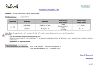 23/37
Cisplatine + Vinorelbine + RT
Indication: Cancer du poumon non à petites cellules (AMM)
Nombre de cycles : 4 à 6 cures (cisplatine)
Périodicité Molécules Posologie
Reconstitution
et/ou Dilution
Administration
(Voie et Durée)
J1 = J22
Vinorelbine 15 mg/m2
- J1 et J8
100ml
G5% ou NaCl0.9%
IV – 10 min
Cisplatine 80 mg/m2
- J1
250ml
NaCl0.9%
IV – 1h
Vinorelbine : Rinçage abondant de la veine avec du NaCl 0,9% après injection (risque de nécrose en cas d'extravasation)
Cisplatine :
- Pas de cisplatine si Clairance créatinine < 60 mL/min
- Dose cumulative maximale : 600 à 1000mg/m²  Ne dépasser cette dose cumulative qu'après s'être assuré que les fonctions rénales et auditives
sont correctes
- Hydratation : cf protocole régional
Potentiel émétisant: Haut (cisplatine)
Traitement antiémétique recommandé: Phase aiguë : Sétron J1 + Corticoïde J1 + Aprépitant J1
Phase retardée: Aprépitant J2 J3 + Corticoïdes J2 à J4
Haut du document
Sommaire
 