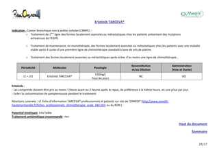29/37
Erlotinib TARCEVA®
Indication : Cancer bronchique non à petites cellules (CBNPC) :
o Traitement de 1ère
ligne des formes localement avancées ou métastatiques chez les patients présentant des mutations
activatrices de l'EGFR.
o Traitement de maintenance, en monothérapie, des formes localement avancées ou métastatiques chez les patients avec une maladie
stable après 4 cycles d'une première ligne de chimiothérapie standard à base de sels de platine.
o Traitement des formes localement avancées ou métastatiques après échec d'au moins une ligne de chimiothérapie..
Périodicité Molécules Posologie
Reconstitution
et/ou Dilution
Administration
(Voie et Durée)
J1 = J31 Erlotinib TARCEVA®
150mg/j
Tous les jours
NC VO
Erlotinib :
- Les comprimés doivent être pris au moins 1 heure avant ou 2 heures après le repas, de préférence à la même heure, en une prise par jour.
- Eviter la consommation de pamplemousse pendant le traitement
Réactions cutanées : cf. fiche d'information TARCEVA® professionnels et patients sur site de l'OMEDIT (http://www.omedit-
hautenormandie.fr/fiches_professionnels_chimiotherapie_orale_444.htm ou du RON )
Potentiel émétisant: très faible
Traitement antiémétique recommandé: rien
Haut du document
Sommaire
 
