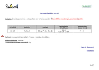 34/37
Paclitaxel hebdo J1, J8, J15
Indication: Cancer du poumon non à petites cellules dans les formes avancées  Hors-AMM en monothérapie, prescription à justifier
Périodicité Molécules Posologie
Reconstitution
et/ou Dilution
Administration
(Voie et Durée)
J1 = J29 Paclitaxel 80mg/m²– J1 et J8 et J15
250ml
NaCl 0.9% ou G5%
IV – 1h
Paclitaxel : Incompatibilité avec le PVC + Perfusion à l'aide d'un filtre 0.22μm
Potentiel émétisant: très faible
Traitement antiémétique recommandé: rien
Haut du document
Sommaire
 