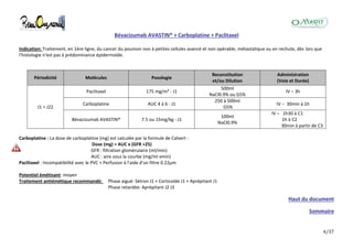 4/37
Bévacizumab AVASTIN® + Carboplatine + Paclitaxel
Indication: Traitement, en 1ère ligne, du cancer du poumon non à petites cellules avancé et non opérable, métastatique ou en rechute, dès lors que
l'histologie n'est pas à prédominance épidermoïde.
Périodicité Molécules Posologie
Reconstitution
et/ou Dilution
Administration
(Voie et Durée)
J1 = J22
Paclitaxel 175 mg/m² - J1
500ml
NaCl0.9% ou G5%
IV – 3h
Carboplatine AUC 4 à 6 - J1
250 à 500ml
G5%
IV – 30min à 1h
Bévacizumab AVASTIN® 7.5 ou 15mg/kg - J1
100ml
NaCl0.9%
IV – 1h30 à C1
1h à C2
30min à partir de C3
Carboplatine : La dose de carboplatine (mg) est calculée par la formule de Calvert :
Dose (mg) = AUC x (GFR +25)
GFR : filtration glomérulaire (ml/min)
AUC : aire sous la courbe (mg/ml xmin)
Paclitaxel : Incompatibilité avec le PVC + Perfusion à l'aide d'un filtre 0.22μm
Potentiel émétisant: moyen
Traitement antiémétique recommandé: Phase aiguë: Sétron J1 + Corticoïde J1 + Aprépitant J1
Phase retardée: Aprépitant J2 J3
Haut du document
Sommaire
 