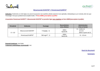 8/37
Bévacizumab AVASTIN® + Pemetrexed ALIMTA®
Indication: Traitement, en 1ère ligne, du cancer du poumon non à petites cellules avancé et non opérable, métastatique ou en rechute, dès lors que
l'histologie n'est pas à prédominance épidermoïde.  Hors-AMM, prescription à justifier
L'association Pemetrexed ALIMTA® + Bévacizumab AVASTIN® en première ligne sans cisplatine est hors AMM (prescription à justifer)
Périodicité Molécules Posologie
Reconstitution
et/ou Dilution
Administration
(Voie et Durée)
J1 = J22
Bévacizumab AVASTIN® 7.5mg/kg – J1
100ml
NaCl0.9%
IV – 1h30 à C1
1h à C2
30min à partir de C3
Pemetrexed ALIMTA® 500 mg/m2
- J1
100ml
NaCl0.9%
IV – 10 min
Potentiel émétisant: très faible
Traitement antiémétique recommandé: rien
Haut du document
Sommaire
 