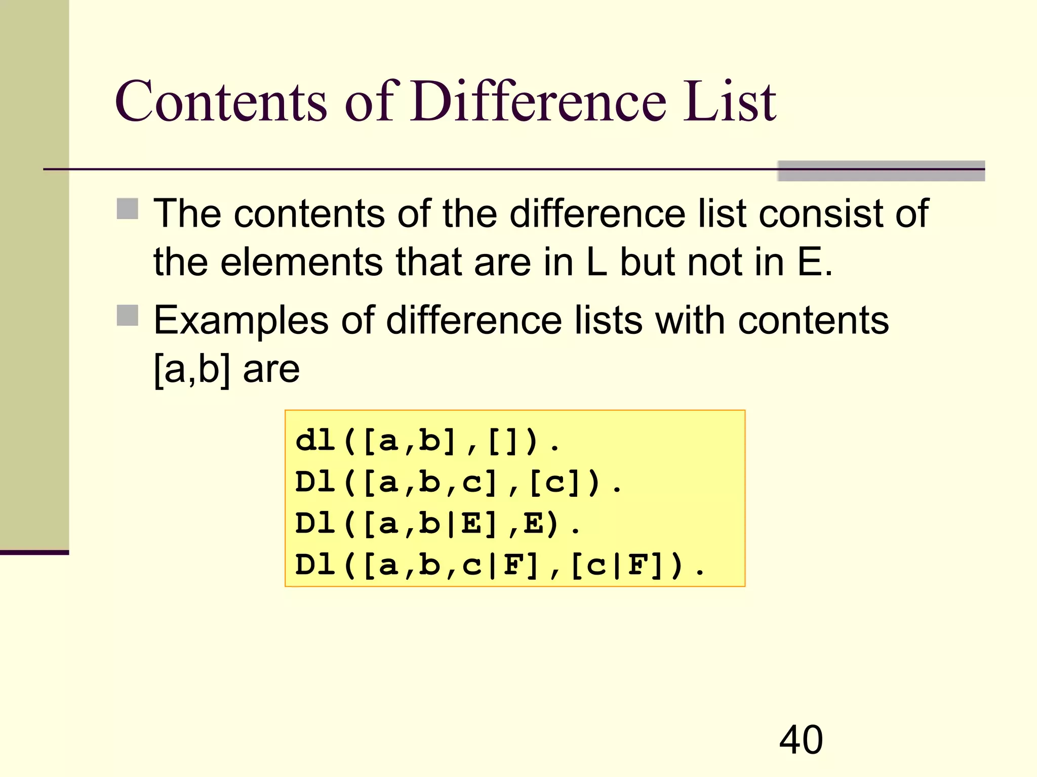 40 Contents of Difference List  The contents of the difference list consist of the elements that are in L but not in E.  Examples of difference lists with contents [a,b] are dl([a,b],[]). Dl([a,b,c],[c]). Dl([a,b|E],E). Dl([a,b,c|F],[c|F]). 