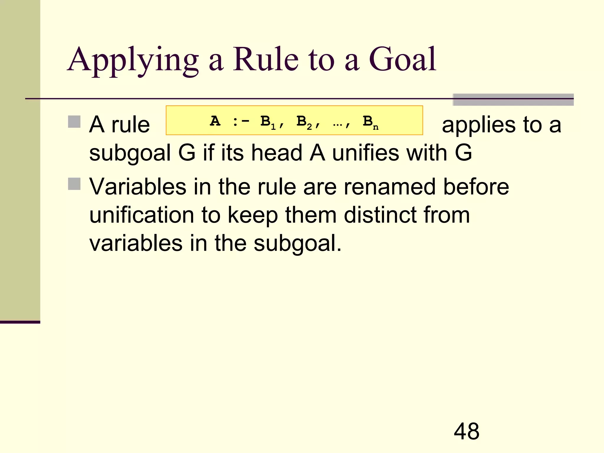 48 Applying a Rule to a Goal  A rule applies to a subgoal G if its head A unifies with G  Variables in the rule are renamed before unification to keep them distinct from variables in the subgoal. A :- B1, B2, …, Bn 
