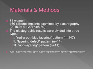 ⦿ 85 women,
169 silicone implants examined by elastrography
(2015.04.01-2017.05.30)
⦿ The elastographic results were divided into three
types:
› I. "red-green-blue layering" pattern (n=147)
› II. "layering defect" pattern (n=11)
› III. "non-layering" pattern (n=11)
⦿ (type I suggesting intact, type II suggesting questioned, type III suggesting rupture)
 