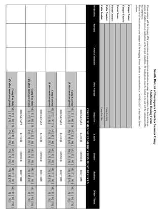Seattle District of Foursquare Churches Summer Camp
                                                                                   Medication Dosing Form
If your camper will be bringing ANY prescription or non-prescription medication to camp, please complete this form to help us
ensure all students receive medication on the proper schedules. All medications must be turned in to and will be administered by
the camp nurse.
Please list all medications your camper will be bringing. Please indicate if the medication is “AS NEEDED” in the Other Times"
column.
Camper Name:
Camper Church:
Parent Name:
Parent Contact:
Cabin Number:                                                                                              Camp Use Only
Cabin Leader:                                                                                              Camp Use Only
Medication         Purpose                  Notes/Comments                      Dose Amount                     Breakfast          Lunch       Dinner           Bedtime         Other Times
                                                                                                           CIRCLE TIMES WHEN MEDICATION MUST BE GIVEN
                                                                                                             BREAKFAST             LUNCH     DINNER            BEDTIME
                                                                                         Camp Use Only M[ ] T[ ] W[ ] Th M[ ] T[ ] W[ ]    M[ ] T[ ] W[ ]    M[ ] T[ ] W[ ] M[ ] T[ ] W[ ] Th[ ]
                                                                                (X after meds are given) [ ] F[ ] S[ ]   Th[ ] F[ ] S[ ]   Th[ ] F[ ] S[ ]   Th[ ] F[ ] S[ ]     F[ ] S[ ]
                                                                                                             BREAKFAST             LUNCH     DINNER            BEDTIME
                                                                                         Camp Use Only M[ ] T[ ] W[ ]Th M[ ] T[ ] W[ ]     M[ ] T[ ] W[ ]    M[ ] T[ ] W[ ] M[ ] T[ ] W[ ] Th[ ]
                                                                                (X after meds are given) [ ] F[ ] S[ ]  Th[ ] F[ ] S[ ]    Th[ ] F[ ] S[ ]   Th[ ] F[ ] S[ ]     F[ ] S[ ]
                                                                                                             BREAKFAST             LUNCH     DINNER            BEDTIME
                                                                                      Camp Use Only M[ ] T[ ] W[ ] Th M[ ] T[ ] W[ ]       M[ ] T[ ] W[ ]    M[ ] T[ ] W[ ] M[ ] T[ ] W[ ] Th[ ]
                                                                             (X after meds are given) [ ] F[ ] S[ ]   Th[ ] F[ ] S[ ]      Th[ ] F[ ] S[ ]   Th[ ] F[ ] S[ ]     F[ ] S[ ]
                                                                                                             BREAKFAST             LUNCH     DINNER            BEDTIME
                                                                                      Camp Use Only M[ ] T[ ] W[ ] Th M[ ] T[ ] W[ ]       M[ ] T[ ] W[ ]    M[ ] T[ ] W[ ] M[ ] T[ ] W[ ] Th[ ]
                                                                             (X after meds are given)  [ ] F[ ] S[ ]  Th[ ] F[ ] S[ ]      Th[ ] F[ ] S[ ]   Th[ ] F[ ] S[ ]     F[ ] S[ ]
 