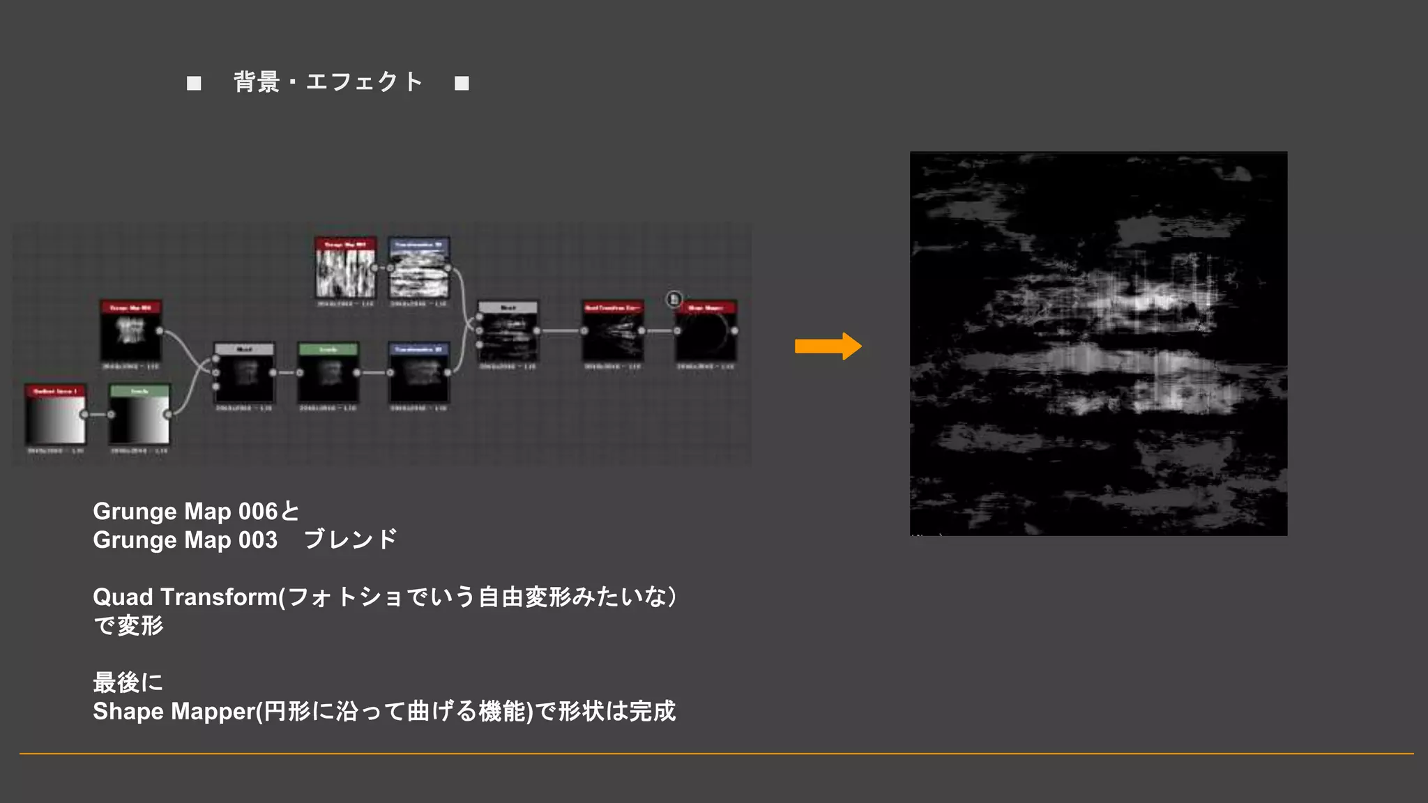 ■ 背景・エフェクト ■
➡
Grunge Map 006と
Grunge Map 003 ブレンド
Quad Transform(フォトショでいう自由変形みたいな）
で変形
最後に
Shape Mapper(円形に沿って曲げる機能)で形状は完成
 