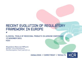 Recent Evolution of Regulatory
Framework in Europe
Clinical trials of medicinal products in Ukraine Conference
19 NOVEMBER 2015,
KIEV
Magdalena Matusiak MPharm
Manager, Clinical Development
Pharmacovigilance Team Lead KCR S.A.
 