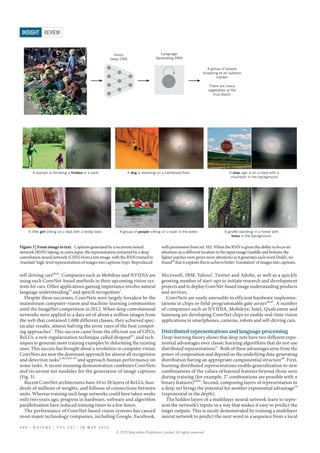 self-driving cars60,61
. Companies such as Mobileye and NVIDIA are
using such ConvNet-based methods in their upcoming vision sys-
tems for cars. Other applications gaining importance involve natural
language understanding14
and speech recognition7
.
Despite these successes, ConvNets were largely forsaken by the
mainstream computer-vision and machine-learning communities
until the ImageNet competition in 2012. When deep convolutional
networks were applied to a data set of about a million images from
the web that contained 1,000 different classes, they achieved spec-
tacular results, almost halving the error rates of the best compet-
ing approaches1
. This success came from the efficient use of GPUs,
ReLUs, a new regularization technique called dropout62
, and tech-
niques to generate more training examples by deforming the existing
ones. This success has brought about a revolution in computer vision;
ConvNets are now the dominant approach for almost all recognition
and detection tasks4,58,59,63–65
and approach human performance on
some tasks. A recent stunning demonstration combines ConvNets
and recurrent net modules for the generation of image captions
(Fig. 3).
Recent ConvNet architectures have 10 to 20 layers of ReLUs, hun-
dreds of millions of weights, and billions of connections between
units. Whereas training such large networks could have taken weeks
only two years ago, progress in hardware, software and algorithm
parallelization have reduced training times to a few hours.
The performance of ConvNet-based vision systems has caused
most major technology companies, including Google, Facebook,
Microsoft, IBM, Yahoo!, Twitter and Adobe, as well as a quickly
growing number of start-ups to initiate research and development
projects and to deploy ConvNet-based image understanding products
and services.
ConvNets are easily amenable to efficient hardware implemen-
tations in chips or field-programmable gate arrays66,67
. A number
of companies such as NVIDIA, Mobileye, Intel, Qualcomm and
Samsung are developing ConvNet chips to enable real-time vision
applications in smartphones, cameras, robots and self-driving cars.
Distributed representations and language processing
Deep-learning theory shows that deep nets have two different expo-
nential advantages over classic learning algorithms that do not use
distributed representations21
. Both of these advantages arise from the
power of composition and depend on the underlying data-generating
distribution having an appropriate componential structure40
. First,
learning distributed representations enable generalization to new
combinations of the values of learned features beyond those seen
during training (for example, 2n
combinations are possible with n
binary features)68,69
. Second, composing layers of representation in
a deep net brings the potential for another exponential advantage70
(exponential in the depth).
The hidden layers of a multilayer neural network learn to repre-
sent the network’s inputs in a way that makes it easy to predict the
target outputs. This is nicely demonstrated by training a multilayer
neural network to predict the next word in a sequence from a local
Figure 3 | From image to text. Captions generated by a recurrent neural
network (RNN) taking, as extra input, the representation extracted by a deep
convolution neural network (CNN) from a test image, with the RNN trained to
‘translate’ high-level representations of images into captions (top). Reproduced
with permission from ref. 102. When the RNN is given the ability to focus its
attention on a different location in the input image (middle and bottom; the
lighter patches were given more attention) as it generates each word (bold), we
found86
that it exploits this to achieve better ‘translation’ of images into captions.
Vision
Deep CNN
Language
Generating RNN
A group of people
shopping at an outdoor
market.
There are many
vegetables at the
fruit stand.
A woman is throwing a frisbee in a park.
A little girl sitting on a bed with a teddy bear. A group of people sitting on a boat in the water. A giraffe standing in a forest with
trees in the background.
A dog is standing on a hardwood floor. A stop sign is on a road with a
mountain in the background
4 4 0 | N A T U R E | V O L 5 2 1 | 2 8 M A Y 2 0 1 5
REVIEW
INSIGHT
© 2015 Macmillan Publishers Limited. All rights reserved
 