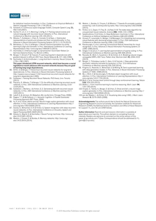 for statistical machine translation. In Proc. Conference on Empirical Methods in
Natural Language Processing 1724–1734 (2014).
73. Schwenk, H. Continuous space language models. Computer Speech Lang. 21,
492–518 (2007).
74. Socher, R., Lin, C. C-Y., Manning, C. & Ng, A. Y. Parsing natural scenes and
natural language with recursive neural networks. In Proc. International
Conference on Machine Learning 129–136 (2011).
75. Mikolov, T., Sutskever, I., Chen, K., Corrado, G. & Dean, J. Distributed
representations of words and phrases and their compositionality. In Proc.
Advances in Neural Information Processing Systems 26 3111–3119 (2013).
76. Bahdanau, D., Cho, K. & Bengio, Y. Neural machine translation by jointly
learning to align and translate. In Proc. International Conference on Learning
Representations http://arxiv.org/abs/1409.0473 (2015).
77. Hochreiter, S. Untersuchungen zu dynamischen neuronalen Netzen [in
German] Diploma thesis, T.U. Münich (1991).
78. Bengio, Y., Simard, P. & Frasconi, P. Learning long-term dependencies with
gradient descent is difﬁcult. IEEE Trans. Neural Networks 5, 157–166 (1994).
79. Hochreiter, S. & Schmidhuber, J. Long short-term memory. Neural Comput. 9,
1735–1780 (1997).
This paper introduced LSTM recurrent networks, which have become a crucial
ingredient in recent advances with recurrent networks because they are good
at learning long-range dependencies.
80. ElHihi, S. & Bengio, Y. Hierarchical recurrent neural networks for long-term
dependencies. In Proc. Advances in Neural Information Processing Systems 8
http://papers.nips.cc/paper/1102-hierarchical-recurrent-neural-networks-for-
long-term-dependencies (1995).
81. Sutskever, I. Training Recurrent Neural Networks. PhD thesis, Univ. Toronto
(2012).
82. Pascanu, R., Mikolov, T. & Bengio, Y. On the difﬁculty of training recurrent neural
networks. In Proc. 30th International Conference on Machine Learning 1310–
1318 (2013).
83. Sutskever, I., Martens, J. & Hinton, G. E. Generating text with recurrent neural
networks. In Proc. 28th International Conference on Machine Learning 1017–
1024 (2011).
84. Lakoff, G. & Johnson, M. Metaphors We Live By (Univ. Chicago Press, 2008).
85. Rogers, T. T. & McClelland, J. L. Semantic Cognition: A Parallel Distributed
Processing Approach (MIT Press, 2004).
86. Xu, K. et al. Show, attend and tell: Neural image caption generation with visual
attention. In Proc. International Conference on Learning Representations http://
arxiv.org/abs/1502.03044 (2015).
87. Graves, A., Mohamed, A.-R. & Hinton, G. Speech recognition with deep recurrent
neural networks. In Proc. International Conference on Acoustics, Speech and
Signal Processing 6645–6649 (2013).
88. Graves, A., Wayne, G. & Danihelka, I. Neural Turing machines. http://arxiv.org/
abs/1410.5401 (2014).
89. Weston, J. Chopra, S. & Bordes, A. Memory networks. http://arxiv.org/
abs/1410.3916 (2014).
90. Weston, J., Bordes, A., Chopra, S. & Mikolov, T. Towards AI-complete question
answering: a set of prerequisite toy tasks. http://arxiv.org/abs/1502.05698
(2015).
91. Hinton, G. E., Dayan, P., Frey, B. J. & Neal, R. M. The wake-sleep algorithm for
unsupervised neural networks. Science 268, 1558–1161 (1995).
92. Salakhutdinov, R. & Hinton, G. Deep Boltzmann machines. In Proc. International
Conference on Artificial Intelligence and Statistics 448–455 (2009).
93. Vincent, P., Larochelle, H., Bengio, Y. & Manzagol, P.-A. Extracting and composing
robust features with denoising autoencoders. In Proc. 25th International
Conference on Machine Learning 1096–1103 (2008).
94. Kavukcuoglu, K. et al. Learning convolutional feature hierarchies for visual
recognition. In Proc. Advances in Neural Information Processing Systems 23
1090–1098 (2010).
95. Gregor, K. & LeCun, Y. Learning fast approximations of sparse coding. In Proc.
International Conference on Machine Learning 399–406 (2010).
96. Ranzato, M., Mnih, V., Susskind, J. M. & Hinton, G. E. Modeling natural images
using gated MRFs. IEEE Trans. Pattern Anal. Machine Intell. 35, 2206–2222
(2013).
97. Bengio, Y., Thibodeau-Laufer, E., Alain, G. & Yosinski, J. Deep generative
stochastic networks trainable by backprop. In Proc. 31st International
Conference on Machine Learning 226–234 (2014).
98. Kingma, D., Rezende, D., Mohamed, S. & Welling, M. Semi-supervised learning
with deep generative models. In Proc. Advances in Neural Information Processing
Systems 27 3581–3589 (2014).
99. Ba, J., Mnih, V. & Kavukcuoglu, K. Multiple object recognition with visual
attention. In Proc. International Conference on Learning Representations http://
arxiv.org/abs/1412.7755 (2014).
100.Mnih, V. et al. Human-level control through deep reinforcement learning. Nature
518, 529–533 (2015).
101.Bottou, L. From machine learning to machine reasoning. Mach. Learn. 94,
133–149 (2014).
102.Vinyals, O., Toshev, A., Bengio, S. & Erhan, D. Show and tell: a neural image
caption generator. In Proc. International Conference on Machine Learning http://
arxiv.org/abs/1502.03044 (2014).
103.van der Maaten, L. & Hinton, G. E. Visualizing data using t-SNE. J. Mach. Learn.
Research 9, 2579–2605 (2008).
Acknowledgements The authors would like to thank the Natural Sciences and
Engineering Research Council of Canada, the Canadian Institute For Advanced
Research (CIFAR), the National Science Foundation and Office of Naval Research
for support. Y.L. and Y.B. are CIFAR fellows.
Author Information Reprints and permissions information is available at
www.nature.com/reprints. The authors declare no competing financial
interests. Readers are welcome to comment on the online version of this
paper at go.nature.com/7cjbaa. Correspondence should be addressed to Y.L.
(yann@cs.nyu.edu).
4 4 4 | N A T U R E | V O L 5 2 1 | 2 8 M A Y 2 0 1 5
REVIEW
INSIGHT
© 2015 Macmillan Publishers Limited. All rights reserved
 