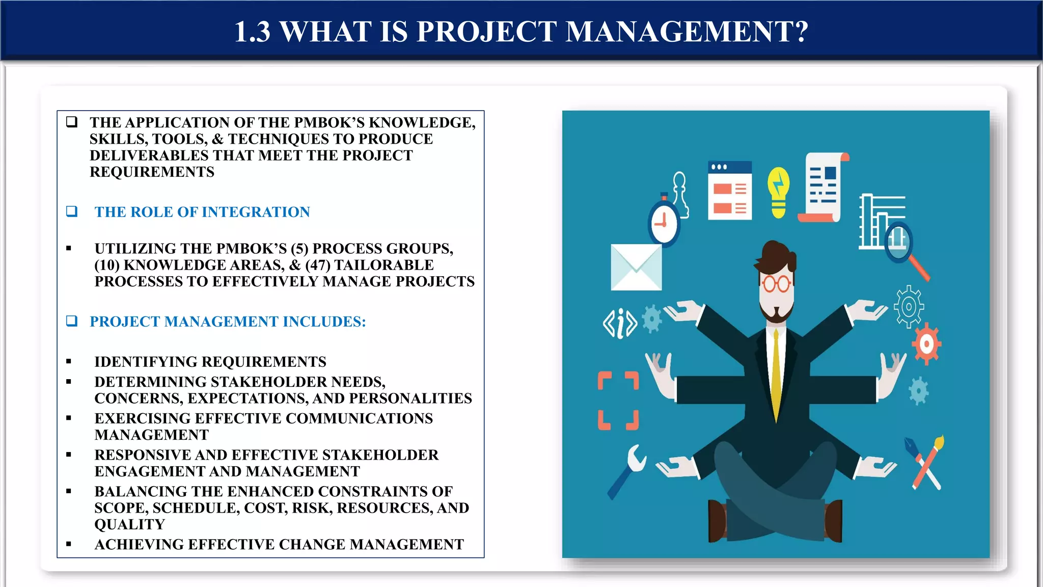  THE APPLICATION OF THE PMBOK’S KNOWLEDGE,
SKILLS, TOOLS, & TECHNIQUES TO PRODUCE
DELIVERABLES THAT MEET THE PROJECT
REQUIREMENTS
 THE ROLE OF INTEGRATION
 UTILIZING THE PMBOK’S (5) PROCESS GROUPS,
(10) KNOWLEDGE AREAS, & (47) TAILORABLE
PROCESSES TO EFFECTIVELY MANAGE PROJECTS
 PROJECT MANAGEMENT INCLUDES:
 IDENTIFYING REQUIREMENTS
 DETERMINING STAKEHOLDER NEEDS,
CONCERNS, EXPECTATIONS, AND PERSONALITIES
 EXERCISING EFFECTIVE COMMUNICATIONS
MANAGEMENT
 RESPONSIVE AND EFFECTIVE STAKEHOLDER
ENGAGEMENT AND MANAGEMENT
 BALANCING THE ENHANCED CONSTRAINTS OF
SCOPE, SCHEDULE, COST, RISK, RESOURCES, AND
QUALITY
 ACHIEVING EFFECTIVE CHANGE MANAGEMENT
1.3 WHAT IS PROJECT MANAGEMENT?
 