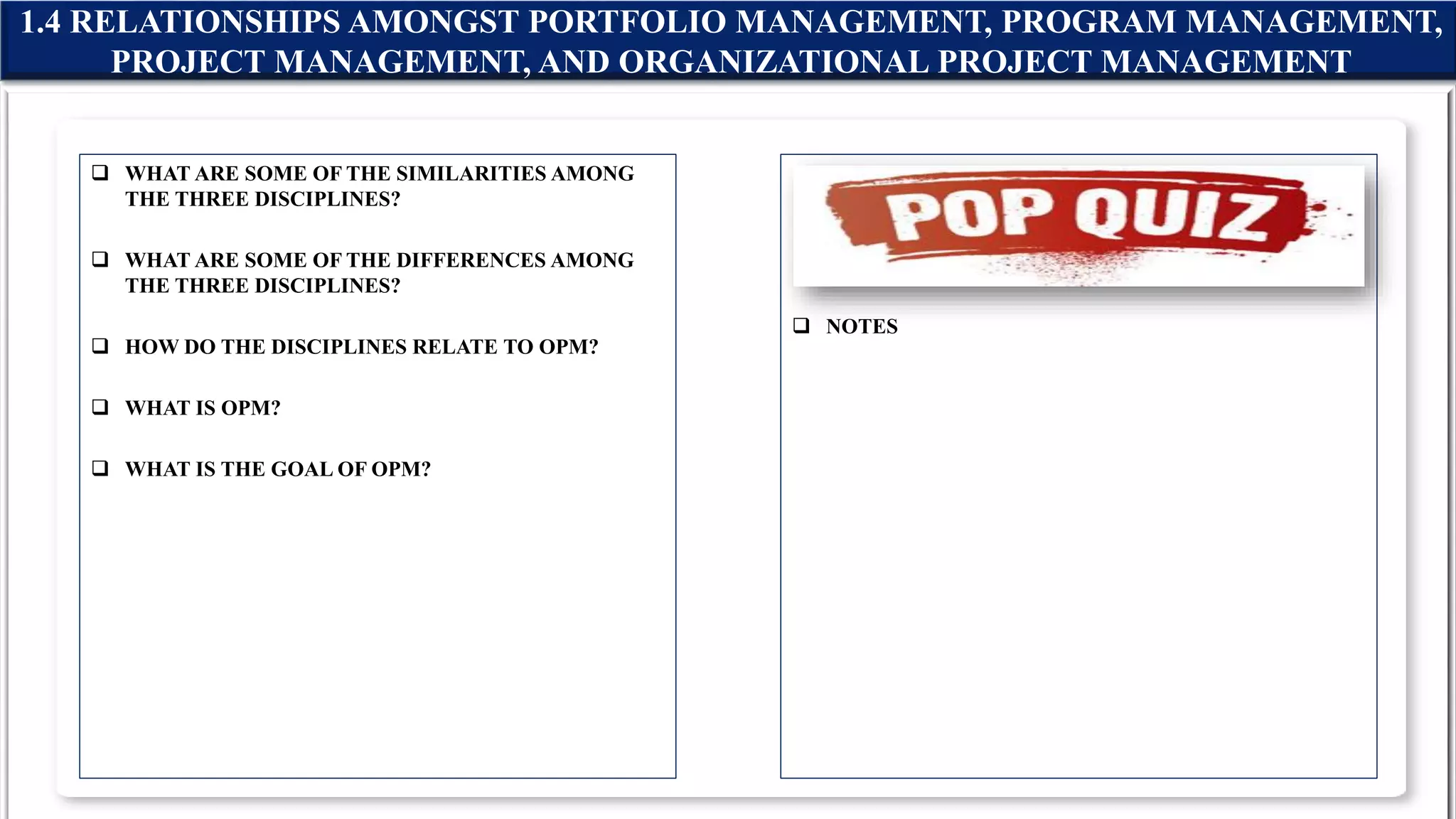  WHAT ARE SOME OF THE SIMILARITIES AMONG
THE THREE DISCIPLINES?
 WHAT ARE SOME OF THE DIFFERENCES AMONG
THE THREE DISCIPLINES?
 HOW DO THE DISCIPLINES RELATE TO OPM?
 WHAT IS OPM?
 WHAT IS THE GOAL OF OPM?
 NOTES
1.4 RELATIONSHIPS AMONGST PORTFOLIO MANAGEMENT, PROGRAM MANAGEMENT,
PROJECT MANAGEMENT, AND ORGANIZATIONAL PROJECT MANAGEMENT
 