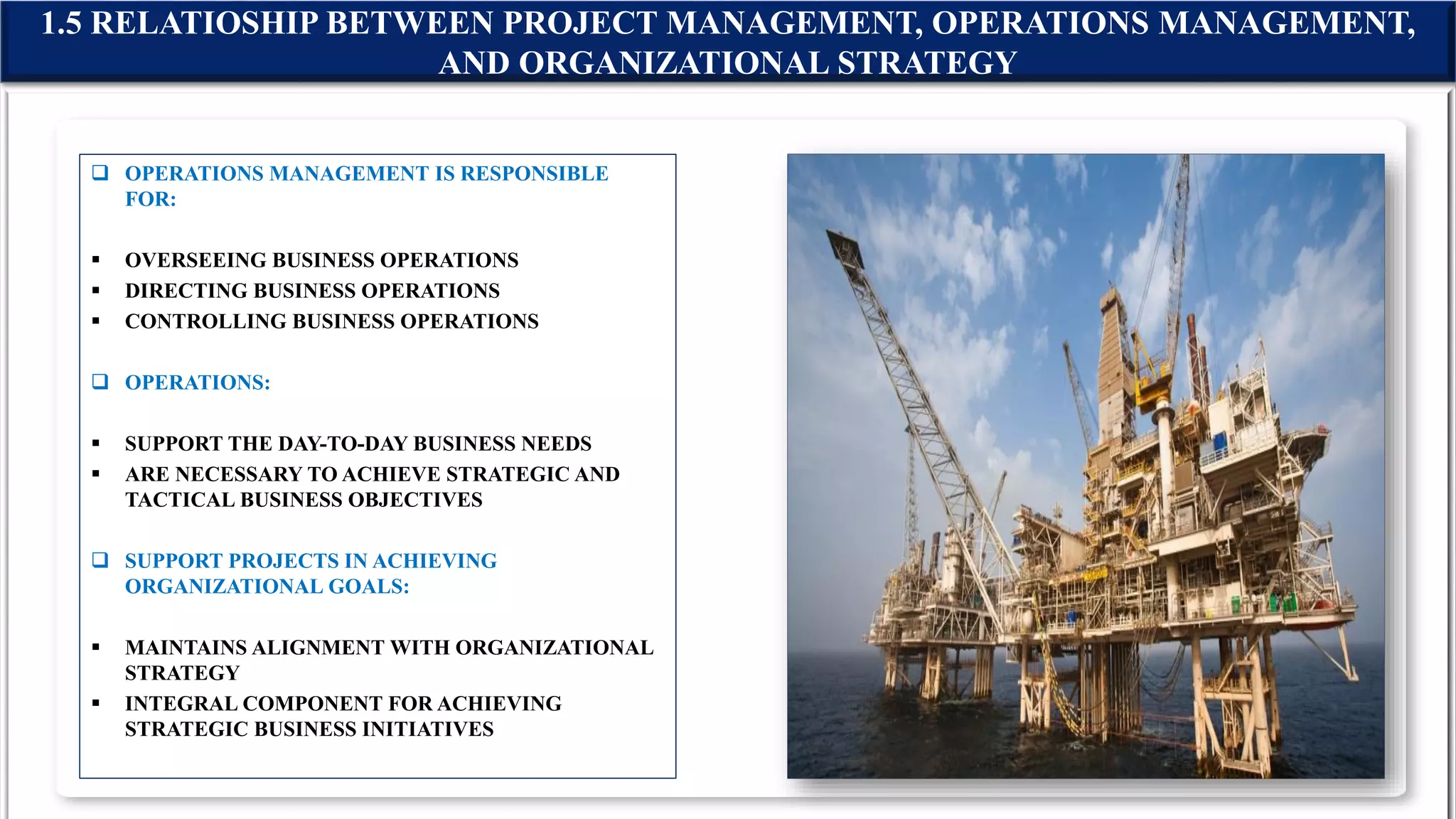  OPERATIONS MANAGEMENT IS RESPONSIBLE
FOR:
 OVERSEEING BUSINESS OPERATIONS
 DIRECTING BUSINESS OPERATIONS
 CONTROLLING BUSINESS OPERATIONS
 OPERATIONS:
 SUPPORT THE DAY-TO-DAY BUSINESS NEEDS
 ARE NECESSARY TO ACHIEVE STRATEGIC AND
TACTICAL BUSINESS OBJECTIVES
 SUPPORT PROJECTS IN ACHIEVING
ORGANIZATIONAL GOALS:
 MAINTAINS ALIGNMENT WITH ORGANIZATIONAL
STRATEGY
 INTEGRAL COMPONENT FOR ACHIEVING
STRATEGIC BUSINESS INITIATIVES
1.5 RELATIOSHIP BETWEEN PROJECT MANAGEMENT, OPERATIONS MANAGEMENT,
AND ORGANIZATIONAL STRATEGY
 