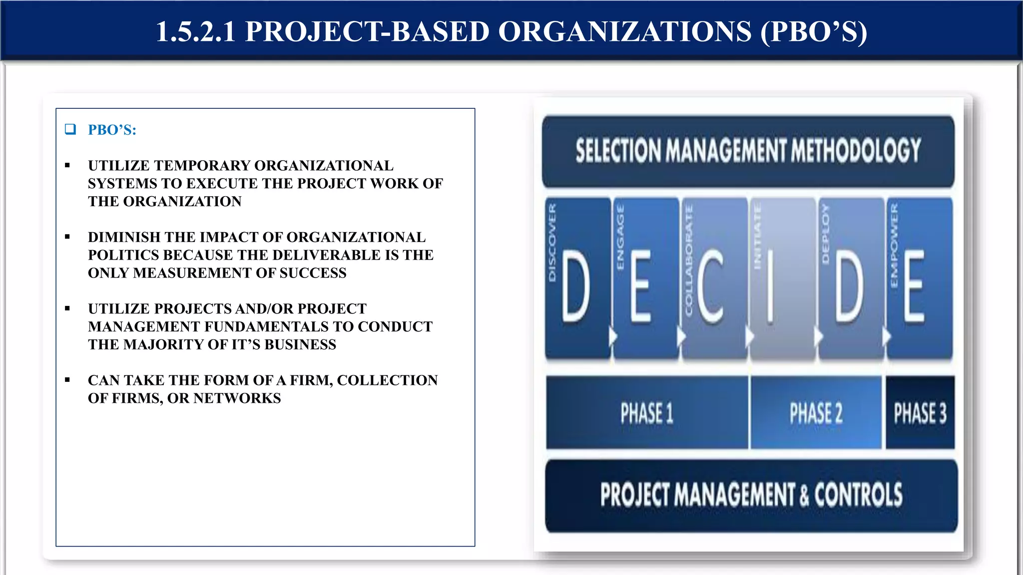  PBO’S:
 UTILIZE TEMPORARY ORGANIZATIONAL
SYSTEMS TO EXECUTE THE PROJECT WORK OF
THE ORGANIZATION
 DIMINISH THE IMPACT OF ORGANIZATIONAL
POLITICS BECAUSE THE DELIVERABLE IS THE
ONLY MEASUREMENT OF SUCCESS
 UTILIZE PROJECTS AND/OR PROJECT
MANAGEMENT FUNDAMENTALS TO CONDUCT
THE MAJORITY OF IT’S BUSINESS
 CAN TAKE THE FORM OFA FIRM, COLLECTION
OF FIRMS, OR NETWORKS
1.5.2.1 PROJECT-BASED ORGANIZATIONS (PBO’S)
 