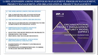 1.4 RELATIONSHIPS AMONG PORTFOLIO MANAGEMENT, PROGRAM MANAGEMENT,
PROJECT MANAGEMENT, AND ORGANIZATIONAL PROJECT MANAGEMENT
 THE SIMILARITIES AMONG THE DISCIPLINES
 THE (3) DISCIPLINES ARE ALIGNED WITH OR
DRIVEN BY ORGANIZATIONAL STRATEGIES
 THE DIFFERENCES AMONG THE DISCIPLINES
 THE WAY EACH DISCIPLINE CONTRIBUTES TO THE
ACHIEVEMENT OF STRATEGIC GOALS
 PORTFOLIO MANAGEMENT ALIGNS TO
ORGANIZATIONAL STRATEGY BY:
 SELECTING THE RIGHT PROGRAMS OR PROJECTS
 PRIORITIZING THE WORK
 PROVIDING THE NECESSARY RESOURCES
 PROGRAM MANAGEMENT ALIGNS WITH
ORGANIZATIONAL STRATEGY BY:
 HARMONIZING IT’S PROJECT AND PROGRAM
COMPONENTS
 CONTROLLING INTERDEPENDENCIES IN ORDER
TO REALIZE SPECIFIC BENEFITS
 