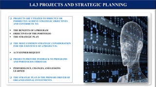  PROJECTS ARE UTILIZED TO DIRECTLY OR
INDIRECTLY ACHIEVE STRATEGIC OBJECTIVES
AND CONTRIBUTE TO:
 THE BENEFITS OFA PROGRAM
 OBJECTIVES OF THE PORTFOLIO
 THE STRATEGIC PLAN
 THE MOST COMMON STRATEGIC CONSIDERATION
FOR THE EXISTENCE OFA PROJECT IS:
 A CUSTOMER REQUEST
 PROJECTS PROVIDE FEEDBACK TO PROGRAMS
AND PORTFOLIOS THROUGH:
 PERFORMANCE, CHANGES, AND LESSONS
LEARNED
 THE STRATGIC PLAN IS THE PRIMARY DRIVER OF
ORGANIZATIONAL INVESTMENTS
1.4.3 PROJECTS AND STRATEGIC PLANNING
 