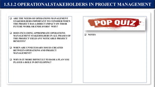  ARE THE NEEDS OF OPERATIONS MANAGEMENT
STAKEHOLDERS IMPORTANT TO CONSIDER WHEN
THE PROJECT HAS A DIRECT IMPACT ON THEIR
FUTURE WORK OR ENDEAVORS? WHY?
 DOES INCLUDING APPROPRIATE OPERATIONS
MANAGEMENT STAKEHOLDERS IN ALL PHASES OF
THE PROJECT YIELD ANY NOTICABLE PROJECT
BENEFITS?
 WHEN ARE UNNECESSARY ISSUES CREATED
BETWEEN OPERATIONS AND PROJECT
MANAGEMENT?
 WHY IS IT MORE DIFFICULT TO BASH A PLAN YOU
PLAYED A ROLE IN DEVELOPING?
 NOTES
1.5.1.2 OPERATIONALSTAKEHOLDERS IN PROJECT MANAGEMENT
 