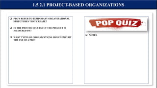  PBO’S REFER TO TEMPORARY ORGANIZATIONAL
STRUCTURES THAT CREATE?
 IN THE PBO THE SUCCESS OF THE PROJECT IS
MEASURED BY?
 WHAT TYPES OF ORGANIZATIONS MIGHT EMPLOY
THE USE OFA PBO?
 NOTES
1.5.2.1 PROJECT-BASED ORGANIZATIONS
 