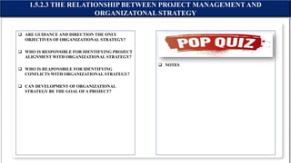  ARE GUIDANCE AND DIRECTION THE ONLY
OBJECTIVES OF ORGANIZATIONAL STRATEGY?
 WHO IS RESPONSIBLE FOR IDENTIFYING PROJECT
ALIGNMENT WITH ORGANIZATIONAL STRATEGY?
 WHO IS REAPONSBILE FOR IDENTIFYING
CONFLICTS WITH ORGANIZATIONAL STRATEGY?
 CAN DEVELOPMENT OF ORGANIZATIONAL
STRATEGY BE THE GOAL OFA PROJECT?
 NOTES
1.5.2.3 THE RELATIONSHIP BETWEEN PROJECT MANAGEMENT AND
ORGANIZATONAL STRATEGY
 