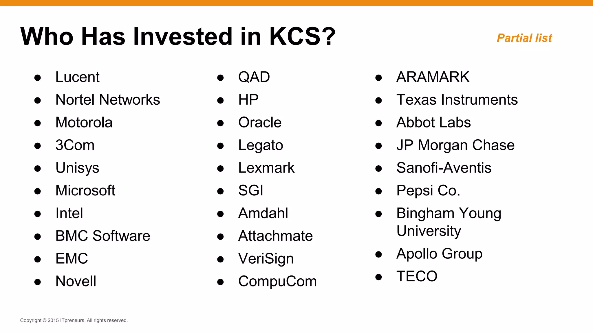Copyright © 2015 ITpreneurs. All rights reserved.
Who Has Invested in KCS?
● Lucent
● Nortel Networks
● Motorola
● 3Com
● Unisys
● Microsoft
● Intel
● BMC Software
● EMC
● Novell
● QAD
● HP
● Oracle
● Legato
● Lexmark
● SGI
● Amdahl
● Attachmate
● VeriSign
● CompuCom
● ARAMARK
● Texas Instruments
● Abbot Labs
● JP Morgan Chase
● Sanofi-Aventis
● Pepsi Co.
● Bingham Young
University
● Apollo Group
● TECO
Partial list
 