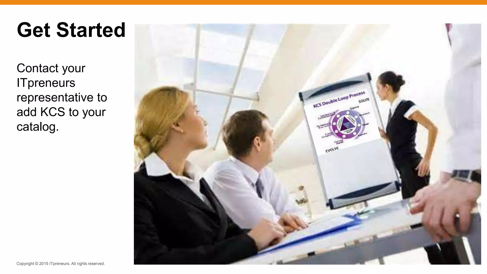 Copyright © 2015 ITpreneurs. All rights reserved.
Get Started
Contact your
ITpreneurs
representative to
add KCS to your
catalog.
 