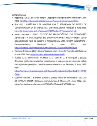 UNADM | DCEIT | TM | KCS Página 7 de 8
REFERENCIAS
• lappgroup. (2022). Buses de campo. Lappespana.lappgroup.com. Retrieved 6 June
2022, from https://lappespana.lappgroup.com/buses-de-comunicacion.html.
• S/A. (2022). CAPÍTULO I EL MODELO CIM Y JERARQUÍA DE REDES DE
COMUNICACIÓN EN LA INDUSTRIA. Cybertesis.uach.cl. Retrieved 6 June 2022,
from http://cybertesis.uach.cl/tesis/uach/2007/bmfcim971e/doc/parte/i.pdf.
• Muñoz Jorquera, J. (2007). ESTUDIO DE APLICACIÓN DE LOS ESTÁNDARES
DEVICENET Y CONTROLNET DE COMUNICACIONES INDUSTRIALES COMO
SOLUCIÓN DE RED DE CAMPO Y PROCESO EN UNA PLANTA INDUSTRIAL .
Cybertesis.uach.cl. Retrieved 6 June 2022, from
http://cybertesis.uach.cl/tesis/uach/2007/bmfcim971e/doc/bmfcim971e.pdf.
• Techinfo,&Helene.(2022). Control de planta (sfc) – Techinfo.Techinfo.wiki.Retrieved
6 June 2022, from https://techinfo.wiki/control-de-planta-sfc/.
• Suesca M, E., Bermúdez C, M., Mejía M, C., Cobo C, L., & Rodríguez, L. (2022).
Diseño de celdas de manufactura considerando el balanceo de las cargas de trabajo
con algoritmos genéticos . Journal.universidadean.edu.co. Retrieved 6 June 2022,
from
https://journal.universidadean.edu.co/index.php/Revistao/article/download/1517/1480
/5006.
• Guerrero Hurtado, I., & Briones Zuñiga, E. (2022). celdas-de-manufactura - CELDAS
DE MANUFACTURA. Celdas-de-manufactura.es.tl. Retrieved 6 June 2022, from
https://celdas-de-manufactura.es.tl/CELDAS--DE-MANUFACTURA.htm.
 