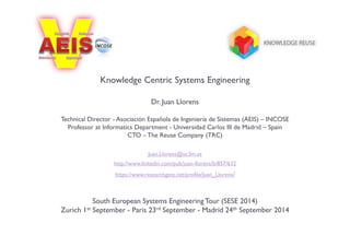Knowledge Centric Systems Engineering 
Dr. Juan Llorens 
Technical Director - Asociación Española de Ingeniería de Sistemas (AEIS) – INCOSE 
Professor at Informatics Department - Universidad Carlos III de Madrid – Spain 
CTO – The Reuse Company (TRC) 
Juan.Llorens@uc3m.es 
http://www.linkedin.com/pub/juan-llorens/b/857/632 
https://www.researchgate.net/profile/Juan_Llorens/ 
South European Systems Engineering Tour (SESE 2014) 
Zurich 1st September - Paris 23rd September - Madrid 24th September 2014 
