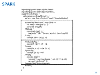 SPARK
29
import org.apache.spark.SparkContext
import org.apache.spark.SparkContext._
object InvertedIndex {
def main(args: Array[String]) = {
val sc = new SparkContext( "local", "Inverted Index")
sc.textFile("data/crawl").map { line =>
val array = line.split("t", 2)
(array(0), array(1))
}.flatMap {
case (path, text) =>
text.split("""W+""") map { word => (word, path) }
} .map {
case (w, p) => ((w, p), 1)
}.reduceByKey {
case (n1, n2) => n1 + n2
}.map {
case ((w, p), n) => (w, (p, n))
}.groupBy {
case (w, (p, n)) => w
}.map {
case (w, seq) =>
val seq2 = seq map { case (_, (p, n)) => (p, n) }
(w, seq2.mkString(", "))
}.saveAsTextFile(argz.outpath)
sc.stop()
}
}
 