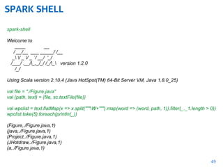 SPARK SHELL
49
spark-shell
Welcome to
____ __
/ __/__ ___ _____/ /__
_ / _ / _ `/ __/ '_/
/___/ .__/_,_/_/ /_/_ version 1.2.0
/_/
Using Scala version 2.10.4 (Java HotSpot(TM) 64-Bit Server VM, Java 1.8.0_25)
 
val file = "./Figure.java" 
val (path, text) = (file, sc.textFile(file)) 
 
val wpclist = text.flatMap(x => x.split("""W+""").map(word => (word, path, 1)).filter(_._1.length > 0)) 
wpclist.take(5).foreach(println(_))
(Figure,./Figure.java,1)
(java,./Figure.java,1)
(Project,./Figure.java,1)
(JHotdraw,./Figure.java,1)
(a,./Figure.java,1)
 