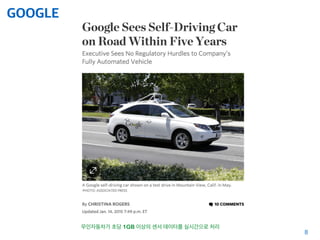 GOOGLE
8
무인자동차가 초당 1GB 이상의 센서 데이터를 실시간으로 처리
 