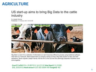 AGRICULTURE
9
Cow에게 ePill이라는 센서를 먹이고 실시간으로 Vital Sign을 모니터링함.
질병, 영양상태 및 Heat stress와 같은 환경 영향에 대한 Insight를 제공
 