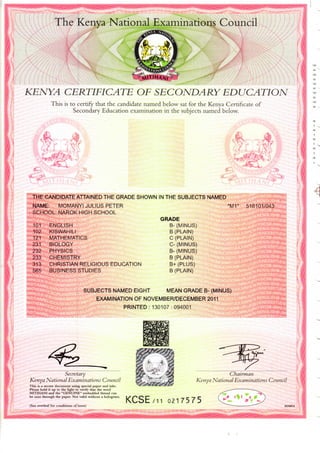 Kcse certificate