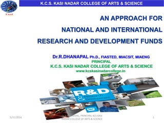 1
AN APPROACH FOR
NATIONAL AND INTERNATIONAL
RESEARCH AND DEVELOPMENT FUNDS
Dr.R.DHANAPAL Ph.D., FIASTED, MIACSIT, MIAENG
PRINCIPAL
K.C.S. KASI NADAR COLLEGE OF ARTS & SCIENCE
www.kcskasinadarcollege.in
5/31/2014
K.C.S. KASI NADAR COLLEGE OF ARTS & SCIENCE
Dr.R.DHANAPAL, PRINCIPAL KCS KASI
NADAR COLLEGE OF ARTS & SCIENCE
 