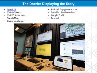 The Dazzle: Displaying the Story
•    Spiral	
  16	
                        •    Radian6	
  Engagement	
  Stats	
  
•    Visible	
  Tweets	
                   •    SocialBro	
  Reach	
  Analysis	
  
•    VisitKC	
  Social	
  Hub	
            •    Google	
  Traﬃc	
  
•    TrendsMap	
                           •    Baseball	
  
•    Custom	
  uMapper	
  
 