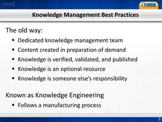 Knowledge Management Best PracticesThe old way:Dedicated knowledge management team