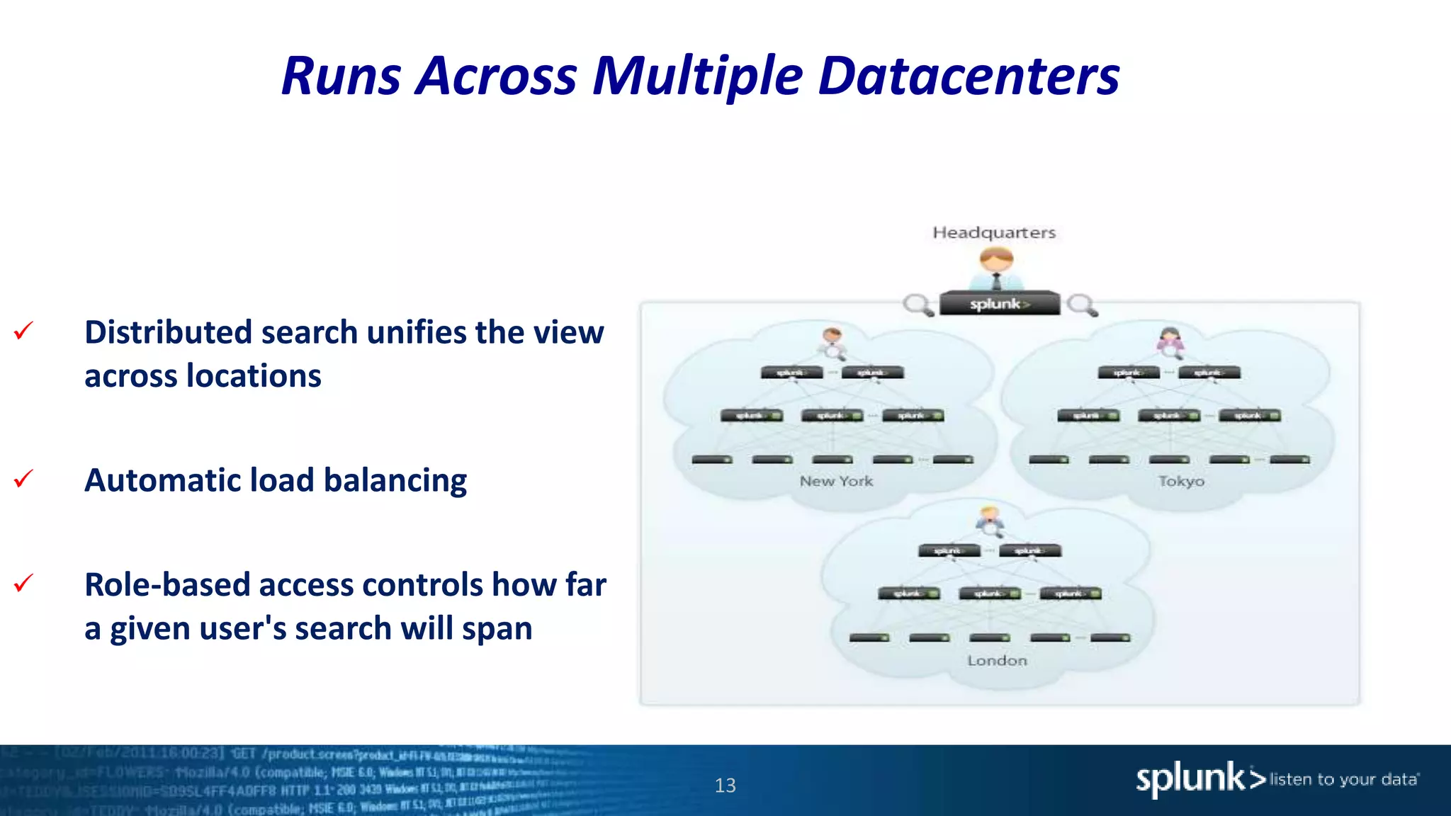 13
 Distributed search unifies the view
across locations
 Automatic load balancing
 Role-based access controls how far
a given user's search will span
Runs Across Multiple Datacenters
 