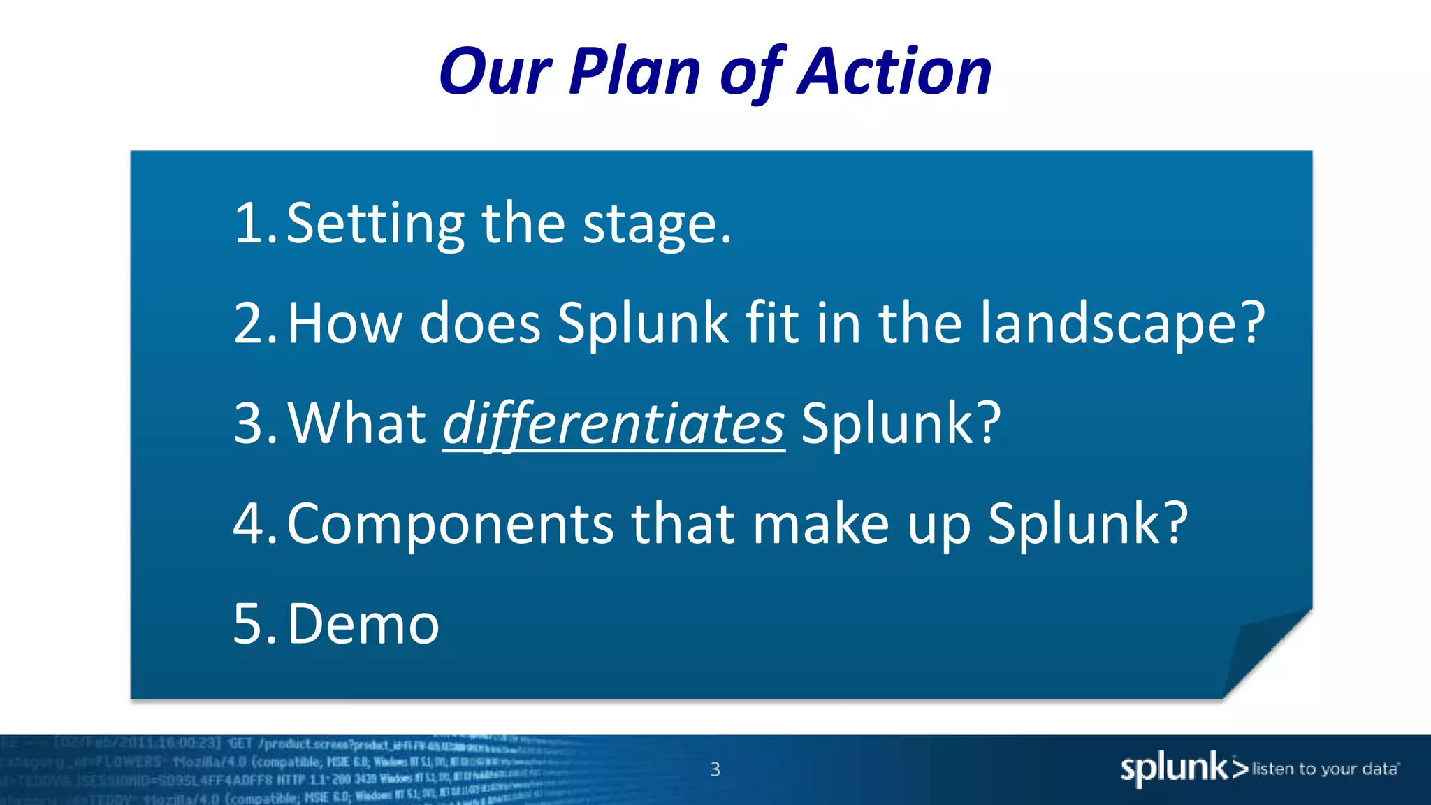 Our Plan of Action
3
1.Setting the stage.
2.How does Splunk fit in the landscape?
3.What differentiates Splunk?
4.Components that make up Splunk?
5.Demo
 