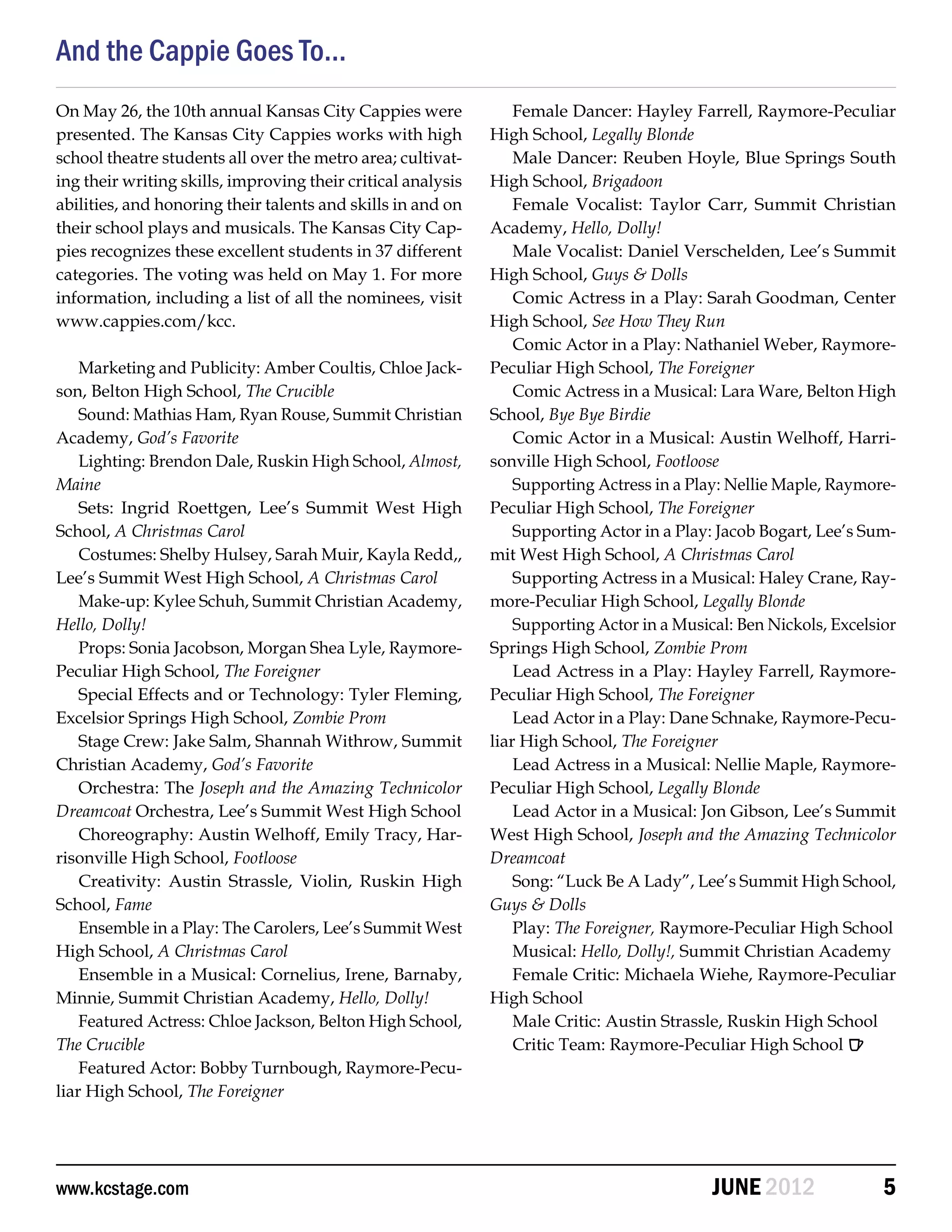 And the Cappie Goes To...
On May 26, the 10th annual Kansas City Cappies were               Female Dancer: Hayley Farrell, Raymore-Peculiar
presented. The Kansas City Cappies works with high            High School, Legally Blonde
school theatre students all over the metro area; cultivat-        Male Dancer: Reuben Hoyle, Blue Springs South
ing their writing skills, improving their critical analysis   High School, Brigadoon
abilities, and honoring their talents and skills in and on        Female Vocalist: Taylor Carr, Summit Christian
their school plays and musicals. The Kansas City Cap-         Academy, Hello, Dolly!
pies recognizes these excellent students in 37 different          Male Vocalist: Daniel Verschelden, Lee’s Summit
categories. The voting was held on May 1. For more            High School, Guys & Dolls
information, including a list of all the nominees, visit          Comic Actress in a Play: Sarah Goodman, Center
www.cappies.com/kcc.                                          High School, See How They Run
                                                                  Comic Actor in a Play: Nathaniel Weber, Raymore-
    Marketing and Publicity: Amber Coultis, Chloe Jack-       Peculiar High School, The Foreigner
son, Belton High School, The Crucible                             Comic Actress in a Musical: Lara Ware, Belton High
    Sound: Mathias Ham, Ryan Rouse, Summit Christian          School, Bye Bye Birdie
Academy, God’s Favorite                                           Comic Actor in a Musical: Austin Welhoff, Harri-
    Lighting: Brendon Dale, Ruskin High School, Almost,       sonville High School, Footloose
Maine                                                             Supporting Actress in a Play: Nellie Maple, Raymore-
    Sets: Ingrid Roettgen, Lee’s Summit West High             Peculiar High School, The Foreigner
School, A Christmas Carol                                         Supporting Actor in a Play: Jacob Bogart, Lee’s Sum-
    Costumes: Shelby Hulsey, Sarah Muir, Kayla Redd,,         mit West High School, A Christmas Carol
Lee’s Summit West High School, A Christmas Carol                  Supporting Actress in a Musical: Haley Crane, Ray-
    Make-up: Kylee Schuh, Summit Christian Academy,           more-Peculiar High School, Legally Blonde
Hello, Dolly!                                                     Supporting Actor in a Musical: Ben Nickols, Excelsior
    Props: Sonia Jacobson, Morgan Shea Lyle, Raymore-         Springs High School, Zombie Prom
Peculiar High School, The Foreigner                               Lead Actress in a Play: Hayley Farrell, Raymore-
    Special Effects and or Technology: Tyler Fleming,         Peculiar High School, The Foreigner
Excelsior Springs High School, Zombie Prom                        Lead Actor in a Play: Dane Schnake, Raymore-Pecu-
    Stage Crew: Jake Salm, Shannah Withrow, Summit            liar High School, The Foreigner
Christian Academy, God’s Favorite                                 Lead Actress in a Musical: Nellie Maple, Raymore-
    Orchestra: The Joseph and the Amazing Technicolor         Peculiar High School, Legally Blonde
Dreamcoat Orchestra, Lee’s Summit West High School                Lead Actor in a Musical: Jon Gibson, Lee’s Summit
    Choreography: Austin Welhoff, Emily Tracy, Har-           West High School, Joseph and the Amazing Technicolor
risonville High School, Footloose                             Dreamcoat
    Creativity: Austin Strassle, Violin, Ruskin High              Song: “Luck Be A Lady”, Lee’s Summit High School,
School, Fame                                                  Guys & Dolls
    Ensemble in a Play: The Carolers, Lee’s Summit West           Play: The Foreigner, Raymore-Peculiar High School
High School, A Christmas Carol                                    Musical: Hello, Dolly!, Summit Christian Academy
    Ensemble in a Musical: Cornelius, Irene, Barnaby,             Female Critic: Michaela Wiehe, Raymore-Peculiar
Minnie, Summit Christian Academy, Hello, Dolly!               High School
    Featured Actress: Chloe Jackson, Belton High School,          Male Critic: Austin Strassle, Ruskin High School
The Crucible                                                      Critic Team: Raymore-Peculiar High School R
    Featured Actor: Bobby Turnbough, Raymore-Pecu-
liar High School, The Foreigner




www.kcstage.com                                                                              JUNE 2012               5
 