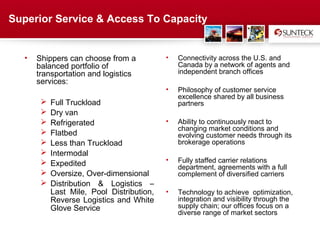 Superior Service & Access To Capacity


  •   Shippers can choose from a             •      Connectivity across the U.S. and
      balanced portfolio of                         Canada by a network of agents and
      transportation and logistics                  independent branch offices
      services:
                                             •      Philosophy of customer service
                                                    excellence shared by all business
          Full Truckload                           partners
          Dry van
          Refrigerated                      •      Ability to continuously react to
                                                    changing market conditions and
          Flatbed                                  evolving customer needs through its
          Less than Truckload                      brokerage operations
          Intermodal
                                             •      Fully staffed carrier relations
          Expedited                                department, agreements with a full
          Oversize, Over-dimensional               complement of diversified carriers
          Distribution & Logistics –
           Last Mile, Pool Distribution,     •      Technology to achieve optimization,
           Reverse Logistics and White              integration and visibility through the
           Glove Service                            supply chain; our offices focus on a
                                                    diverse range of market sectors


                                     Address Text
 