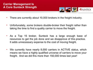 Carrier Management Is
A Core Sunteck Strength


  •   There are currently about 10,000 brokers in the freight industry.

  •   Unfortunately, some brokers double-broker their freight rather than
      taking the time to find a quality carrier to move the freight.

  •   As a Top 15 broker, Sunteck has a large enough base of
      resources to get the job done and we disapprove of this practice.
      It adds unnecessary expense to the cost of moving freight.

  •   We currently have nearly 8,000 carriers in ACTIVE status, which
      means we have a highly qualified universe of carriers to move your
      freight. And we did this more than 150,000 times last year!



                                   Address Text
 