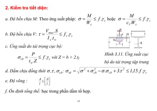 15
2. Kiểm tra tiết diện:
a. Độ bền chịu M: Theo ứng suất pháp: c
x
.f
W
M
  hoặc c
x1
.f
W.c
M
 
b. Độ bền chịu V: cv
wx
max
.f
t.I
S.V
 
c. Ứng suất do tải trọng cục bộ:
c
w
cb .f
Z.t
P
  với Z = b + 2.tf
Hình 3.11. Ứng suất cục
bộ do tải trọng tập trung
d. Dầm chịu đồng thời cb,,  : c
2
cb
2
cb
2
td .f.15,1.3.  
e. Độ võng : 




ll

f. Ổn định tổng thể: học trong phần dầm tổ hợp.
 