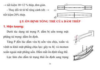 20
→ tiết kiệm 10÷12 % thép, đơn giản.
- Thay đối từ từ bề rộng cánh (d): →
tiết kiệm 20% thép.
c)
d)
§ 5. ỔN ĐỊNH TỔNG THỂ CỦA DẦM THÉP
1. Hiện tượng:
Dưới tác dụng tải trọng P, dầm bị uốn trong mặt
phẳng tải trọng: dầm ổn định.
Tăng P đến lúc dầm vừa bị uốn vừa chịu, xoắn và
vênh ra khỏi mặt phẳng chịu lực: gây ra My và momen
xoắn ngoài mặt phẳng uốn. Dầm mất ổn định tổng thể.
Lực làm cho dầm từ trạng thái ổn định sang trạng
 