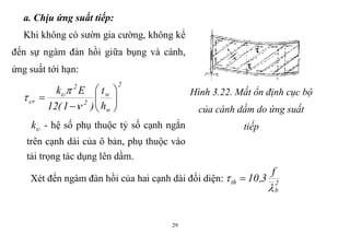 29
a. Chịu ứng suất tiếp:
Khi không có sườn gia cường, không kể
đến sự ngàm đàn hồi giữa bụng và cánh,
ứng suất tới hạn:
2
w
w
2
2
cr
h
t
)1(12
Ek










 
k - hệ số phụ thuộc tỷ số cạnh ngắn
trên cạnh dài của ô bản, phụ thuộc vào
tải trọng tác dụng lên dầm.
Hình 3.22. Mất ổn định cục bộ
của cánh dầm do ứng suất
tiếp
Xét đến ngàm đàn hồi của hai cạnh dài đối diện: 2
b
th
f
3,10

 
 