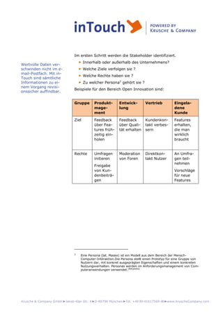 Krusche & Company GmbH►Jakob-Klar-Str. 4►D-80796 München►Tel. +49 89 41617569-00►www.KruscheCompany.com
Im ersten Schritt werden die Stakeholder identifiziert.
► Innerhalb oder außerhalb des Unternehmens?
► Welche Ziele verfolgen sie ?
► Welche Rechte haben sie ?
► Zu welcher Persona2
gehört sie ?
Beispiele für den Bereich Open Innovation sind:
Gruppe Produkt-
mage-
ment
Entwick-
lung
Vertrieb Eingela-
dene
Kunde
Ziel Feedback
über Fea-
tures früh-
zeitig ein-
holen
Feedback
über Quali-
tät erhalten
Kundenkon-
takt verbes-
sern
Features
erhalten,
die man
wirklich
braucht
Rechte Umfragen
initieren
Freigabe
von Kun-
denbeiträ-
gen
Moderation
von Foren
Direktkon-
takt Nutzer
An Umfra-
gen teil-
nehmen
Vorschläge
für neue
Features
2
Eine Persona (lat. Maske) ist ein Modell aus dem Bereich der Mensch-
Computer-Interaktion.Die Persona stellt einen Prototyp für eine Gruppe von
Nutzern dar, mit konkret ausgeprägten Eigenschaften und einem konkreten
Nutzungsverhalten. Personas werden im Anforderungsmanagement von Com-
puteranwendungen verwendet.[Wikipedia]
Wertvolle Daten ver-
schwinden nicht im e-
mail-Postfach. Mit in-
Touch sind sämtliche
Informationen zu ei-
nem Vorgang revisi-
onssicher auffindbar.
 