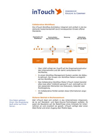 Krusche & Company GmbH►Jakob-Klar-Str. 4►D-80796 München►Tel. +49 89 41617569-00►www.KruscheCompany.com
Collaborative Workflows
Die inTouch-Workflow-Architektur integriert sich einfach in die be-
stehende Systemlandschaft durch konsequenten Einsatz offener
Standards.
LDAP Activiti inTouch instant inTouch team
Collaborative
Portlet
Organisation mit
Rolle/Rechte
Kommunikation
über Workflow-Pattern
Steuerung Aufbereitung
Web oder Mobil
2424
1. Über LDAP erfolgt der Zugriff auf die Organisationsstruktur
des Unternehmens und der damit verbundenen Rol-
len/Rechte.
2. In einem Workflow-Management-System werden die Abläu-
fe definiert. Der Einsatz von Workflow-Pattern ermöglicht
ad-hoc-Workflows.
3. Das Collaborative Workflow-Modul inTouch instant bereitet
alles (was alles? Vielleicht genauer?) auf, verknüpft es mit
den passenden Elementen wie Diskussion, Kalender oder
Rückkopplung.
4. Im Collaborative Portlet werden diese Informationen ange-
zeigt.
Sicherer Betrieb in Rechenzentrum
K&C inTouch lässt sich einfach in des Unternehmens integrieren,
da es auf Standard- und Open-Source-Technologien aufsetzt. Es
passt die Bausteine auf die Bedürfnisse eines Intranets für Unter-
nehmen an und erweitert sie gezielt. inTouch verfügt über einen
Web-Portal und einen Zugang über Mobile Apps.
Ihre Daten gehören
Ihnen. Die Anwendung
läuft sicher auf Ihren
Server.
 