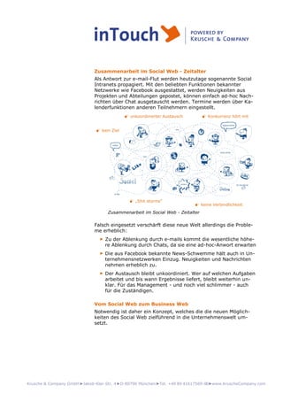 Krusche & Company GmbH►Jakob-Klar-Str. 4►D-80796 München►Tel. +49 89 41617569-00►www.KruscheCompany.com
Zusammenarbeit im Social Web - Zeitalter
Als Antwort zur e-mail-Flut werden heutzutage sogenannte Social
Intranets propagiert. Mit den beliebten Funktionen bekannter
Netzwerke wie Facebook ausgestattet, werden Neuigkeiten aus
Projekten und Abteilungen gepostet, können einfach ad-hoc Nach-
richten über Chat ausgetauscht werden. Termine werden über Ka-
lenderfunktionen anderen Teilnehmern eingestellt.
 unkoordinierter Austausch
 „Shit storms“
 Konkurrenz hört mit
 kein Ziel
 keine Verbindlichkeit
Zusammenarbeit im Social Web - Zeitalter
Falsch eingesetzt verschärft diese neue Welt allerdings die Proble-
me erheblich:
► Zu der Ablenkung durch e-mails kommt die wesentliche höhe-
re Ablenkung durch Chats, da sie eine ad-hoc-Anwort erwarten
► Die aus Facebook bekannte News-Schwemme hält auch in Un-
ternehmensnetzwerken Einzug. Neuigkeiten und Nachrichten
nehmen erheblich zu.
► Der Austausch bleibt unkoordiniert. Wer auf welchen Aufgaben
arbeitet und bis wann Ergebnisse liefert, bleibt weiterhin un-
klar. Für das Management - und noch viel schlimmer - auch
für die Zuständigen.
Vom Social Web zum Business Web
Notwendig ist daher ein Konzept, welches die die neuen Möglich-
keiten des Social Web zielführend in die Unternehmenswelt um-
setzt.
 
